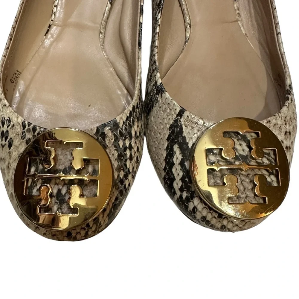 Tory Burch Brown Cream Leather Roccio Python Reva Ballet Flats Goldtone Logo
